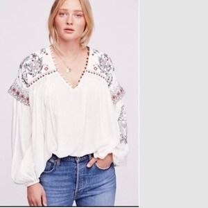 Free People Rock It Tonight Embroidered Boho White Blouse Womens Small